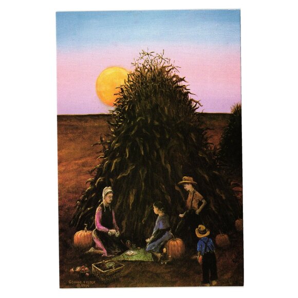 Pumpkin Picnic By George Lyster 1995 Postcard Harvest Farm Amish Lunch Art Print - Picture 1 of 2